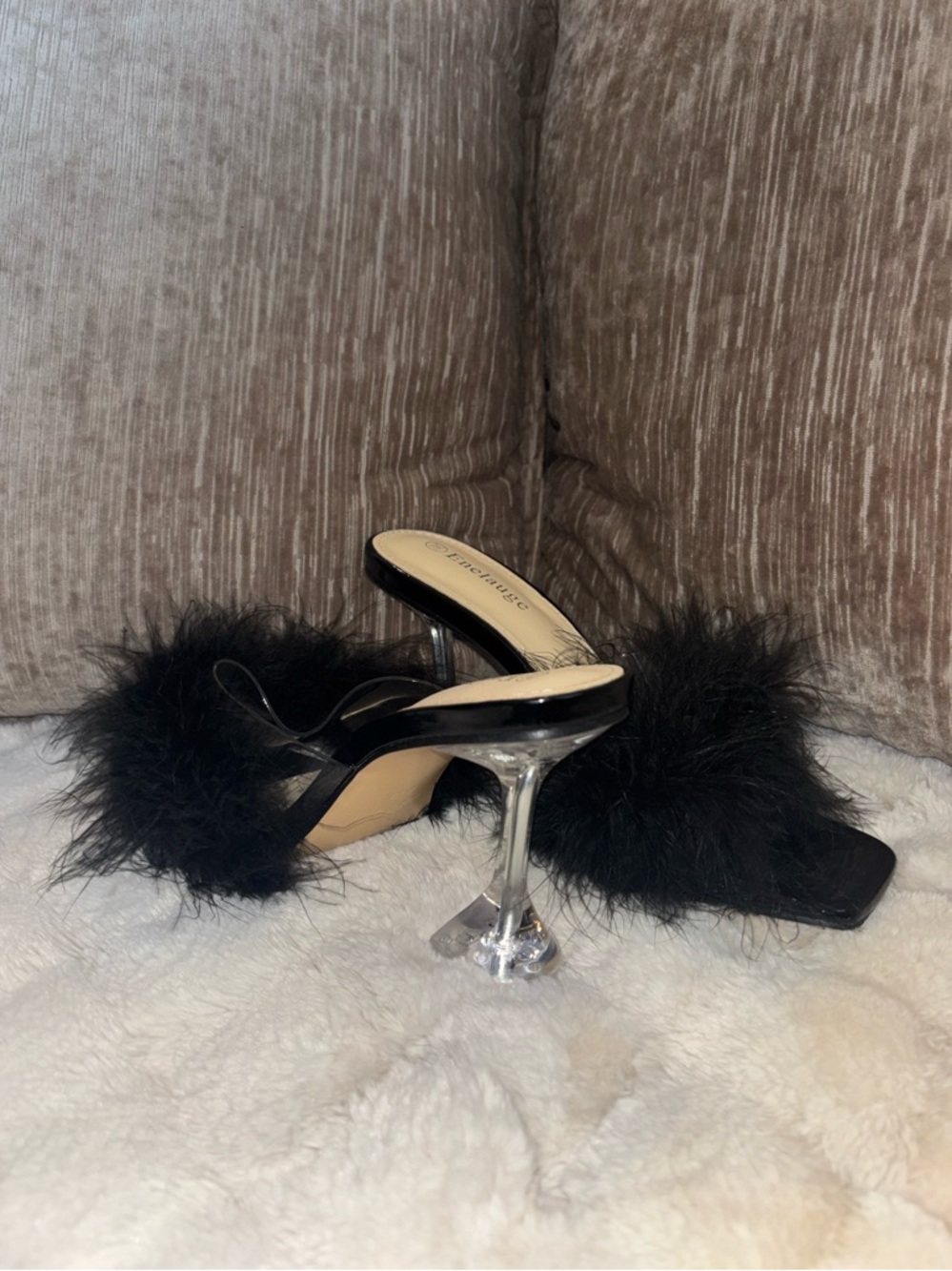 Black Feather Slide Heels with Clear Stiletto